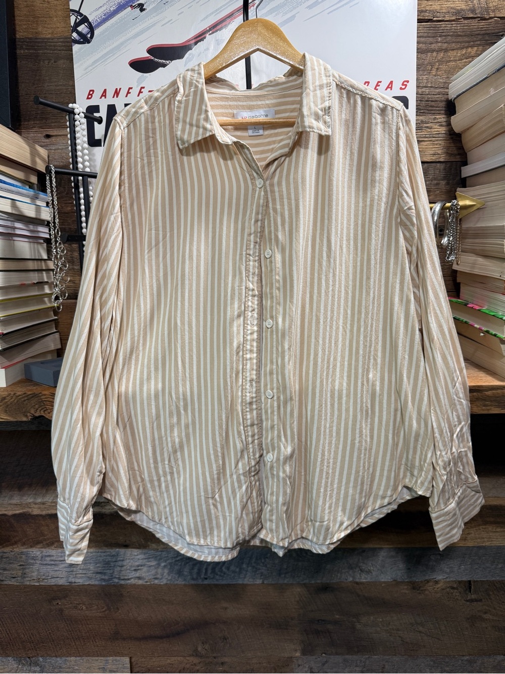 Liz Claiborne Beige Stripe Button Down Shirt | Coastal Grandmother - Picture 1 of 4